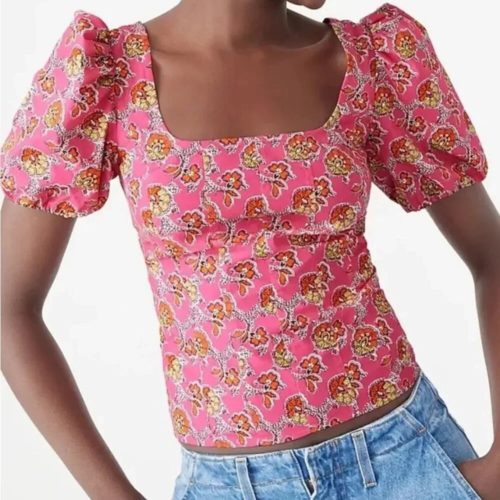 J. Crew Collection Puff-sleeve squareneck top in Ratti® pink blooms print Sz 4